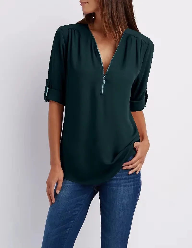 Deep V-Neck Chiffon Blouse