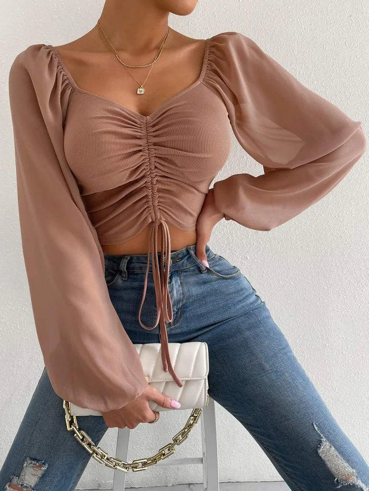 Drawstring Front Sheer Sleeve Ruched Crop Top
