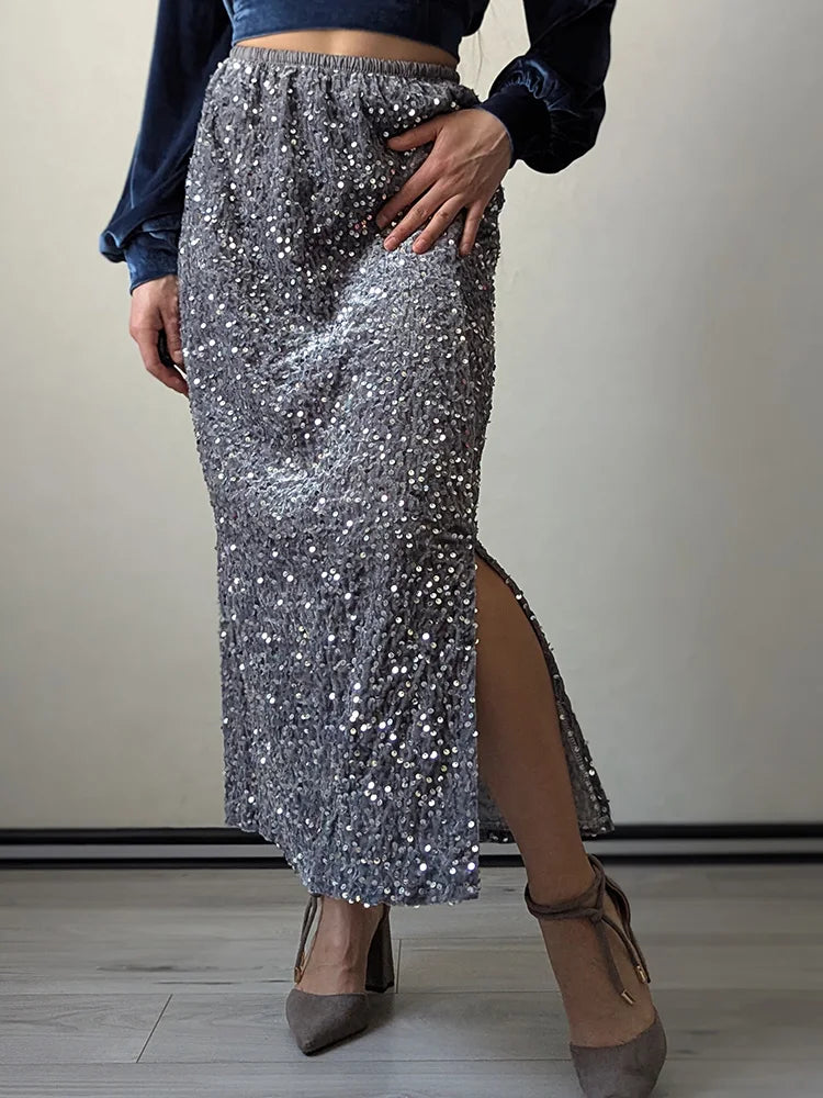 High Waist Sequin Maxi Skirt