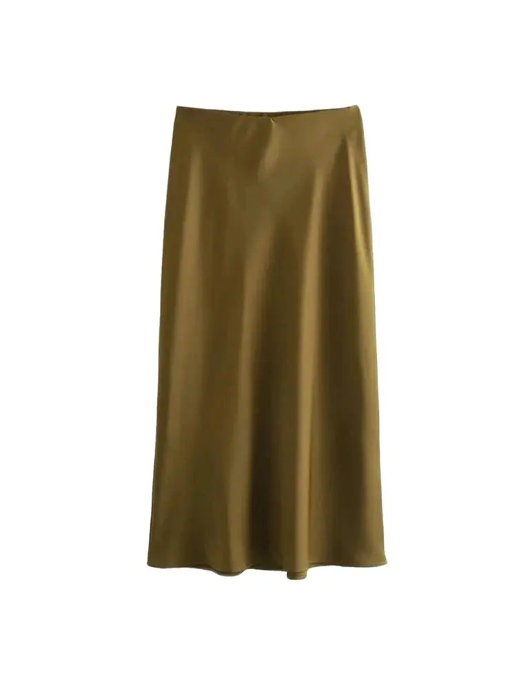Silk-Like Elastic Waist Midi Skirt