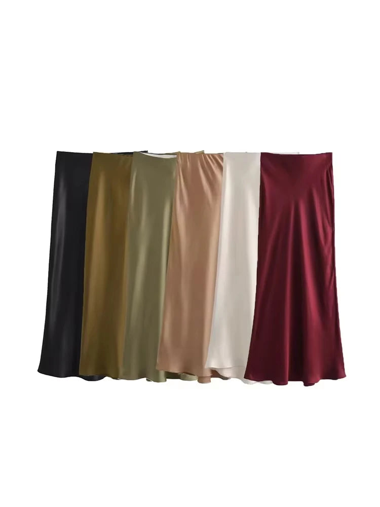 Silk-Like Elastic Waist Midi Skirt