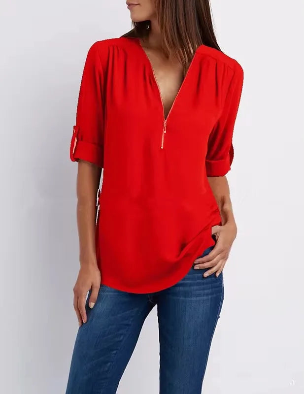 Deep V-Neck Chiffon Blouse