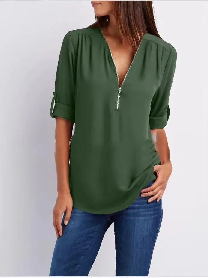 Deep V-Neck Chiffon Blouse