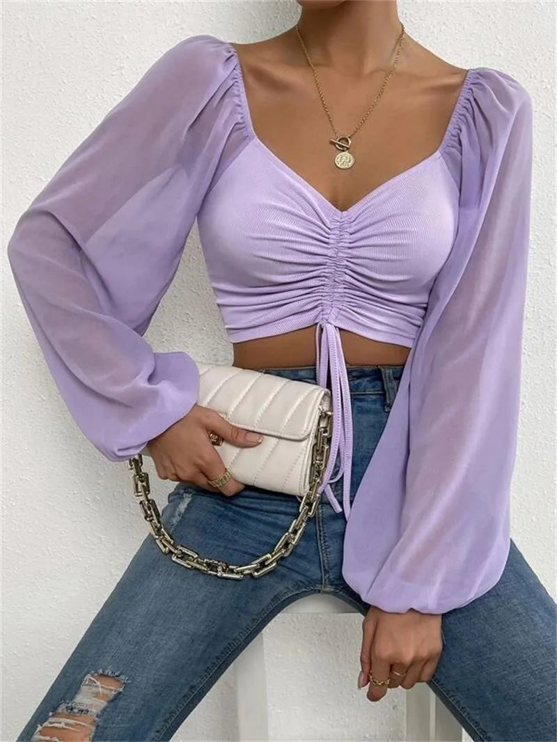 Drawstring Front Sheer Sleeve Ruched Crop Top