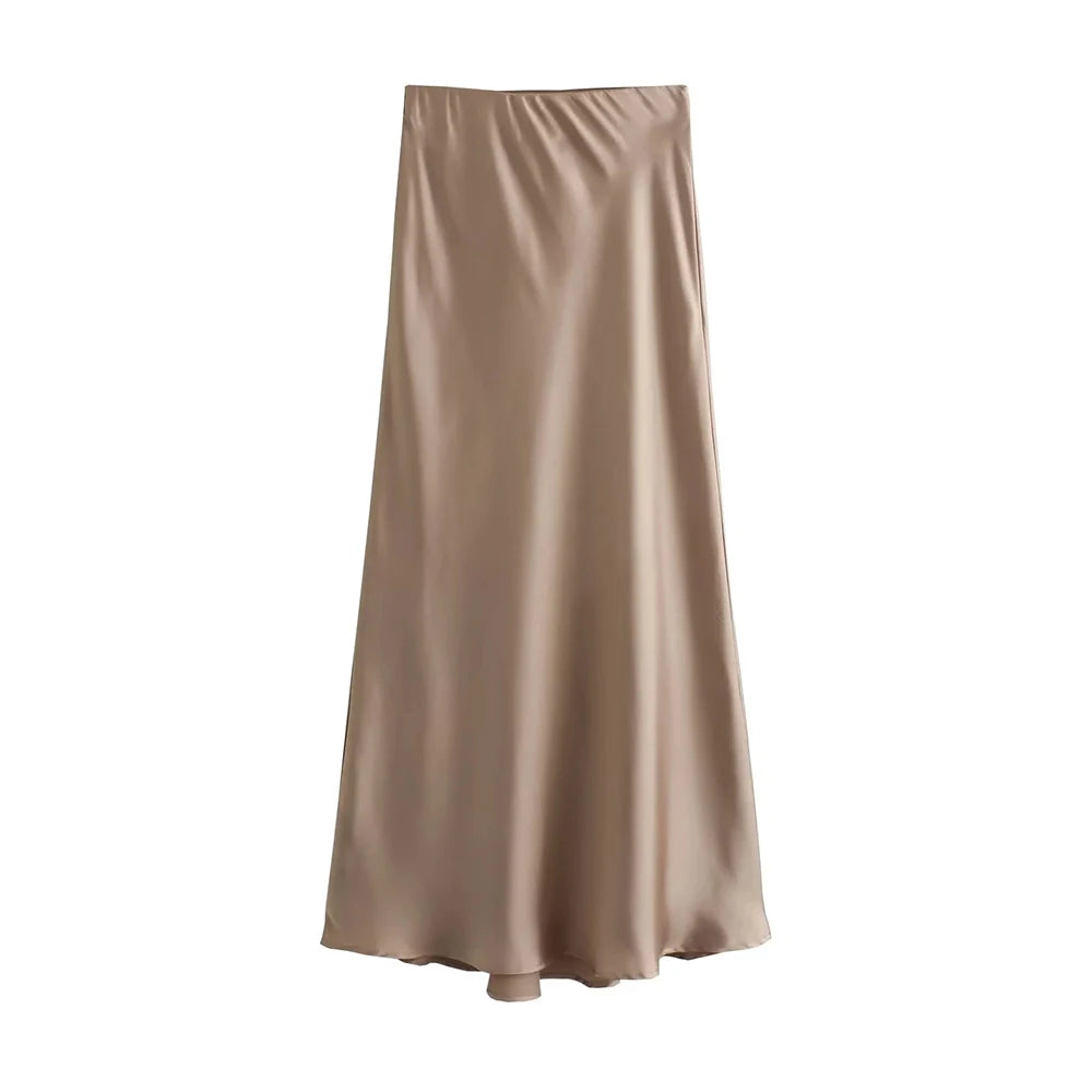 Silk-Like Elastic Waist Midi Skirt