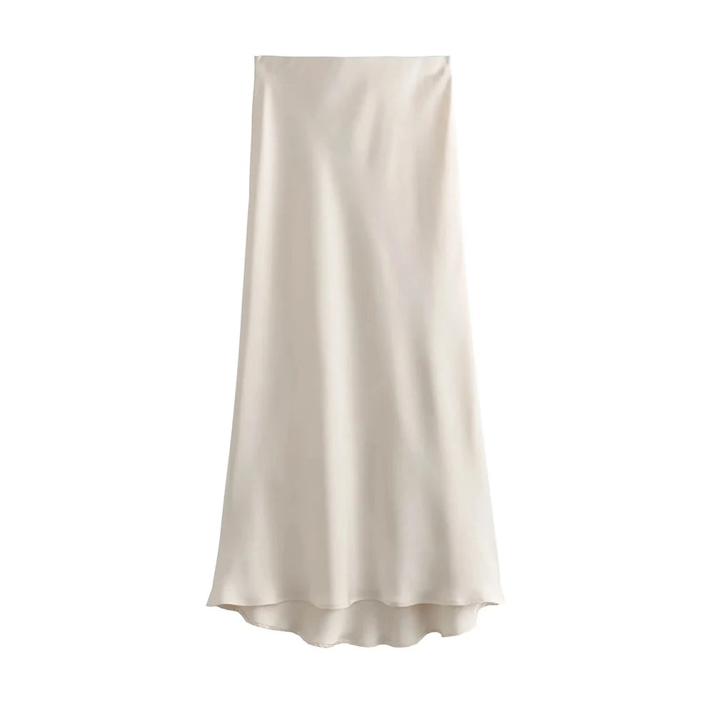 Silk-Like Elastic Waist Midi Skirt
