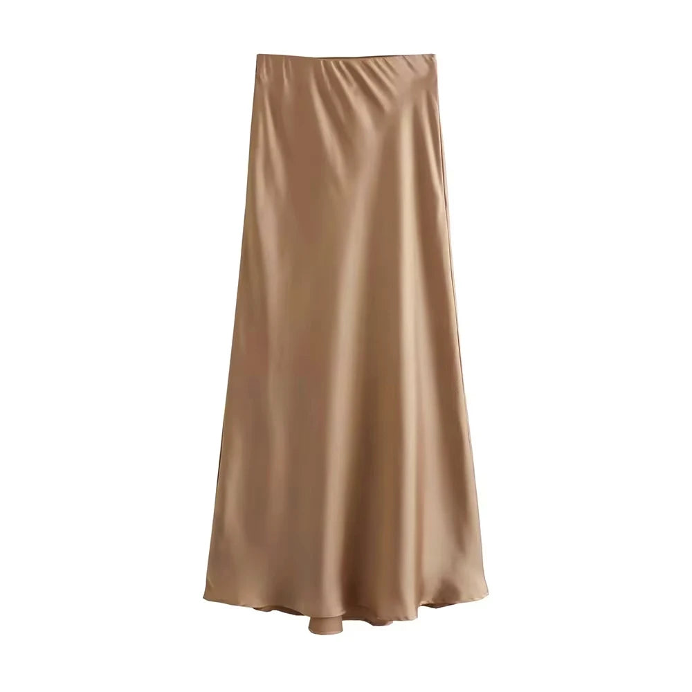 Silk-Like Elastic Waist Midi Skirt