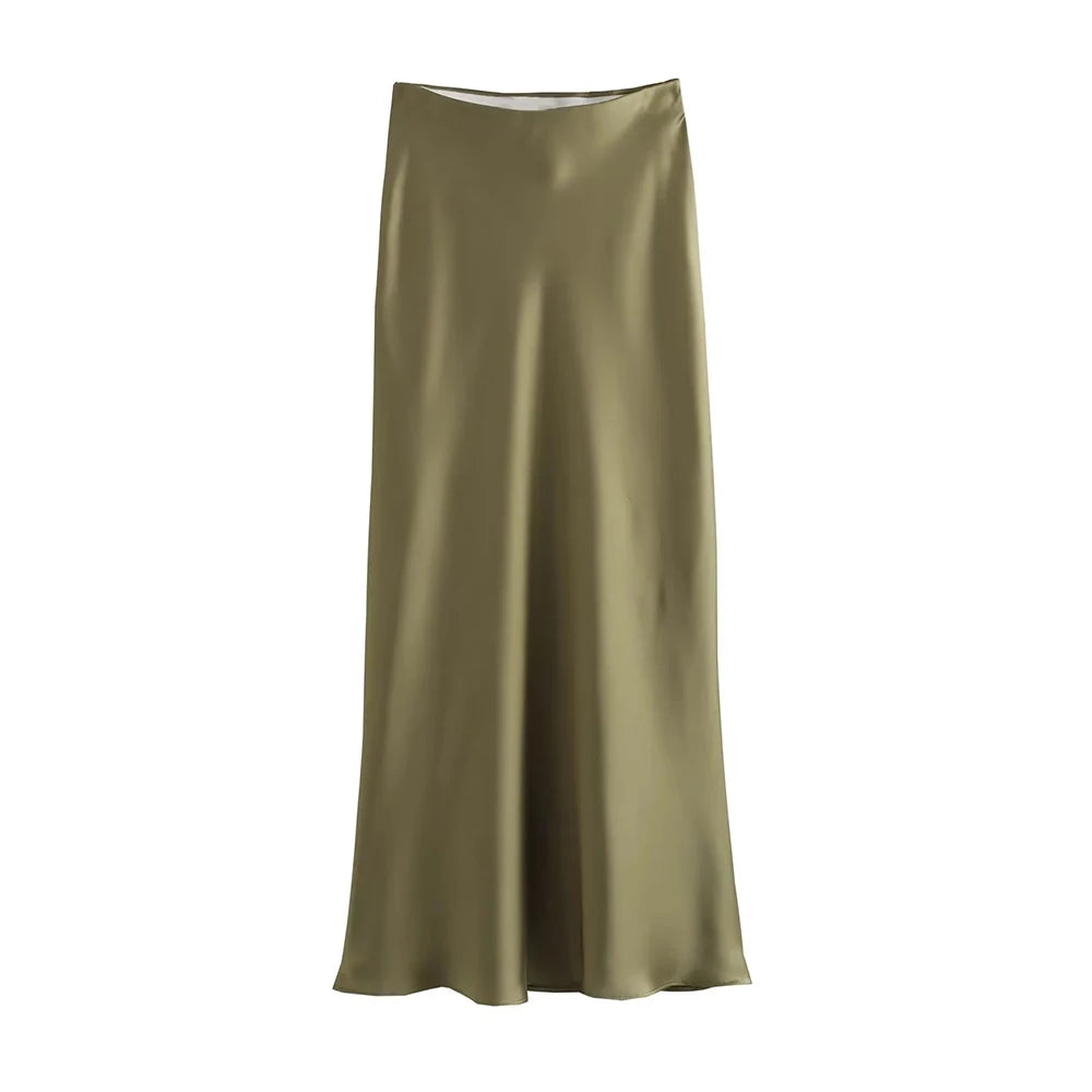 Silk-Like Elastic Waist Midi Skirt