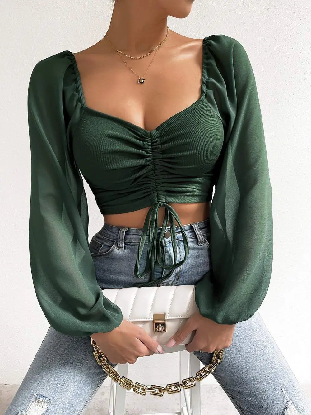 Drawstring Front Sheer Sleeve Ruched Crop Top