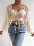 Drawstring Front Sheer Sleeve Ruched Crop Top
