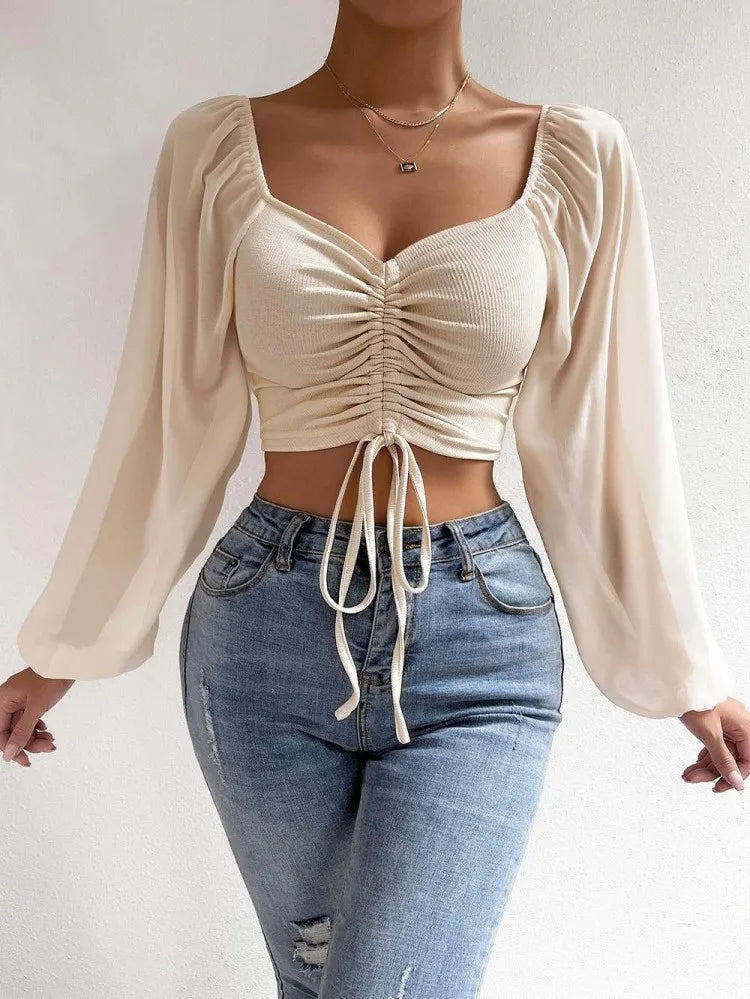 Drawstring Front Sheer Sleeve Ruched Crop Top