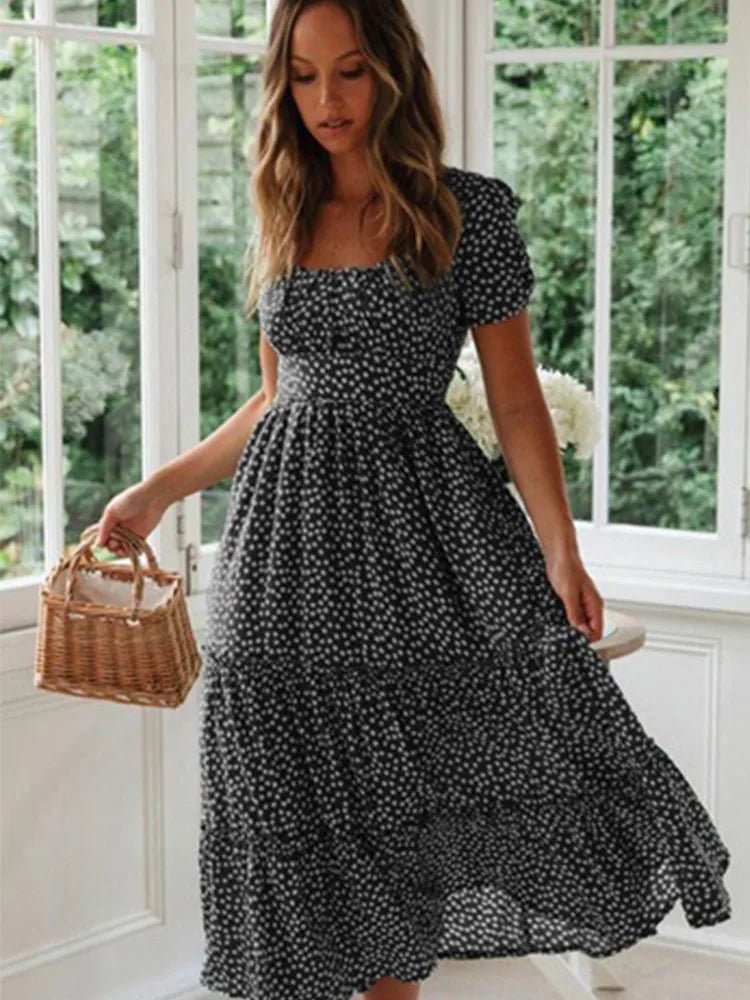 Vintage Floral Puff Sleeve Maxi Dress