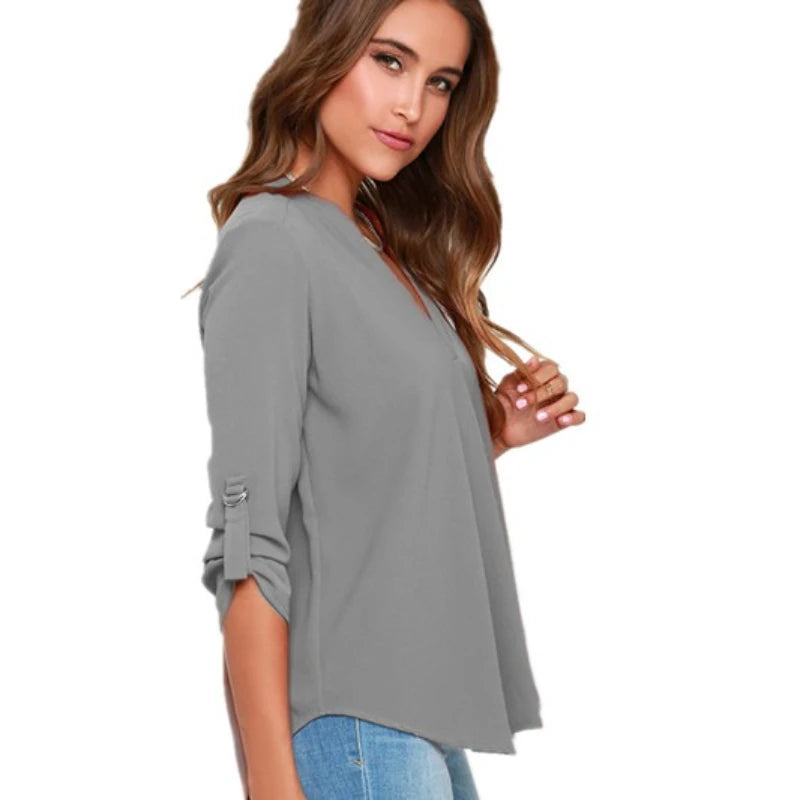 V-Neck Chiffon Long Sleeve Blouse