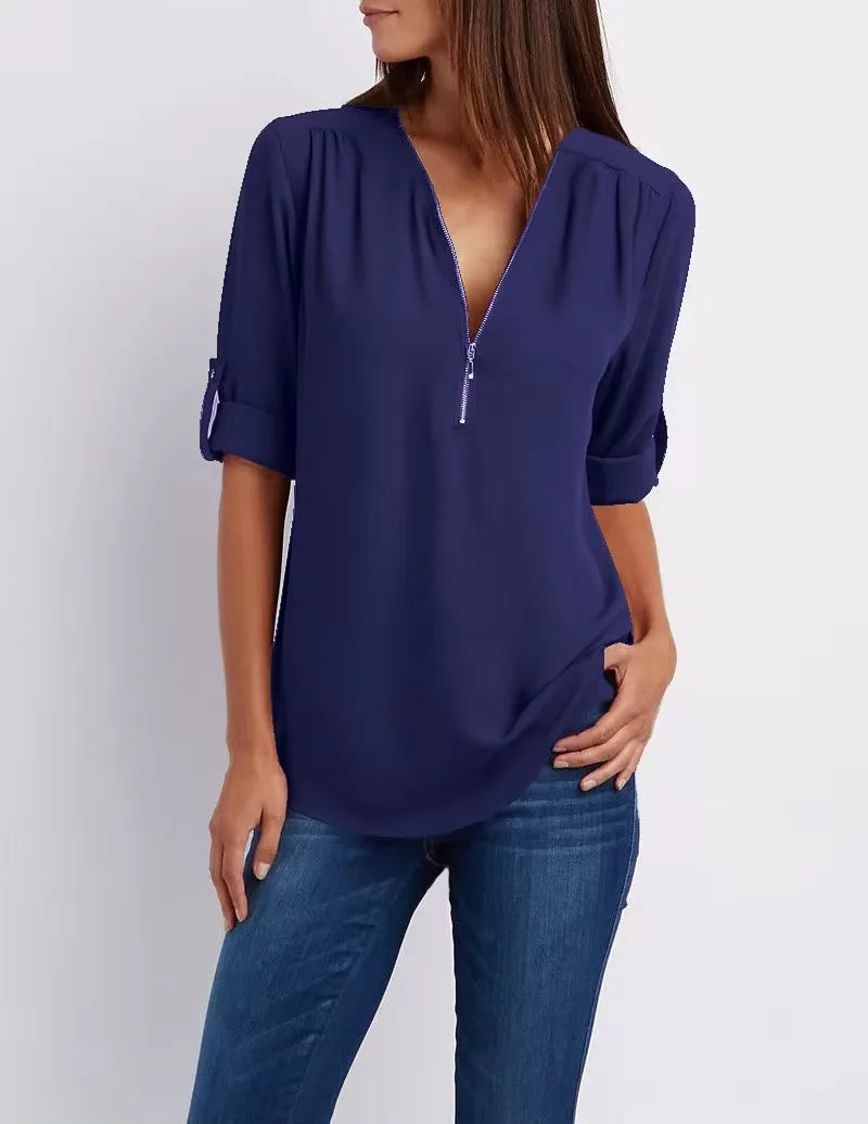 Deep V-Neck Chiffon Blouse