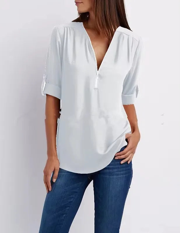 Deep V-Neck Chiffon Blouse