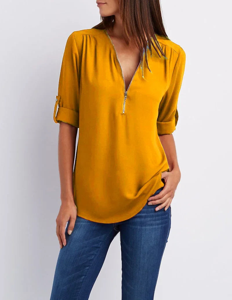 Deep V-Neck Chiffon Blouse