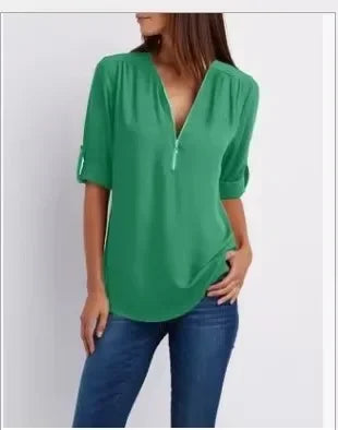 Deep V-Neck Chiffon Blouse
