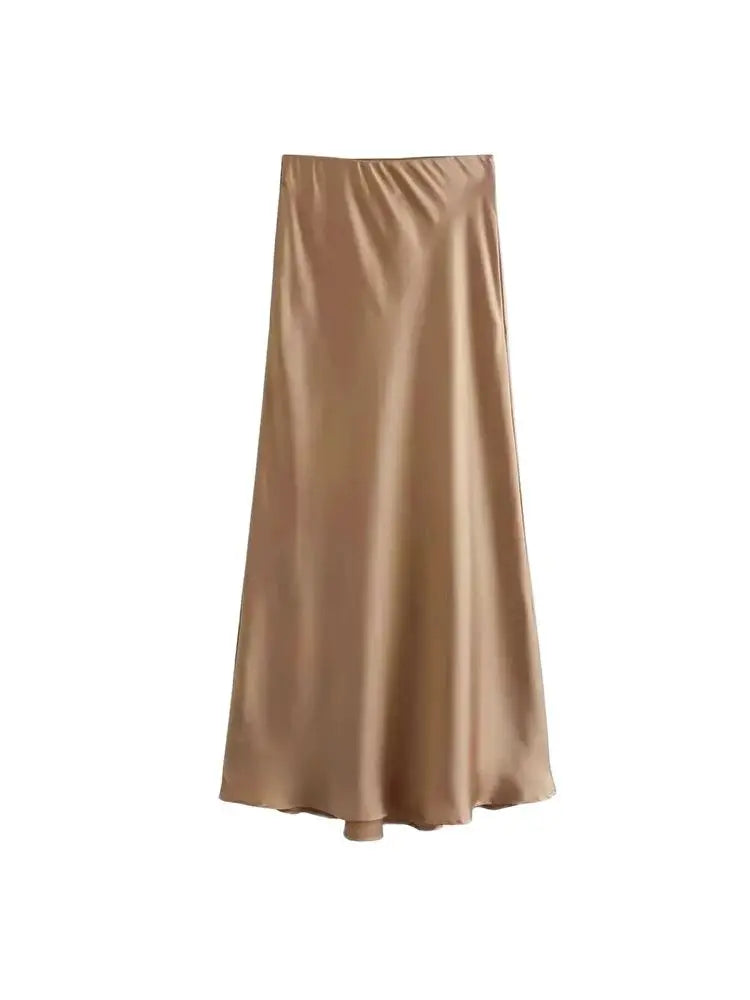 Silk-Like Elastic Waist Midi Skirt