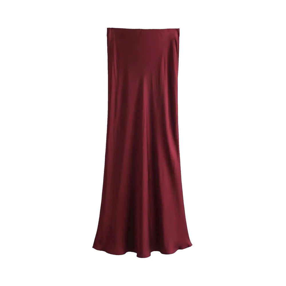 Silk-Like Elastic Waist Midi Skirt