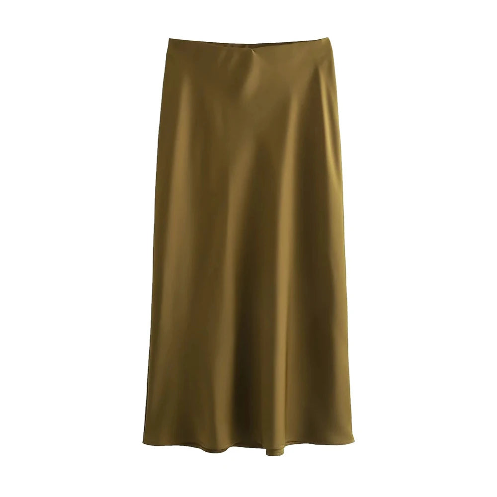 Silk-Like Elastic Waist Midi Skirt