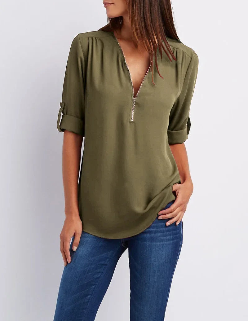 Deep V-Neck Chiffon Blouse
