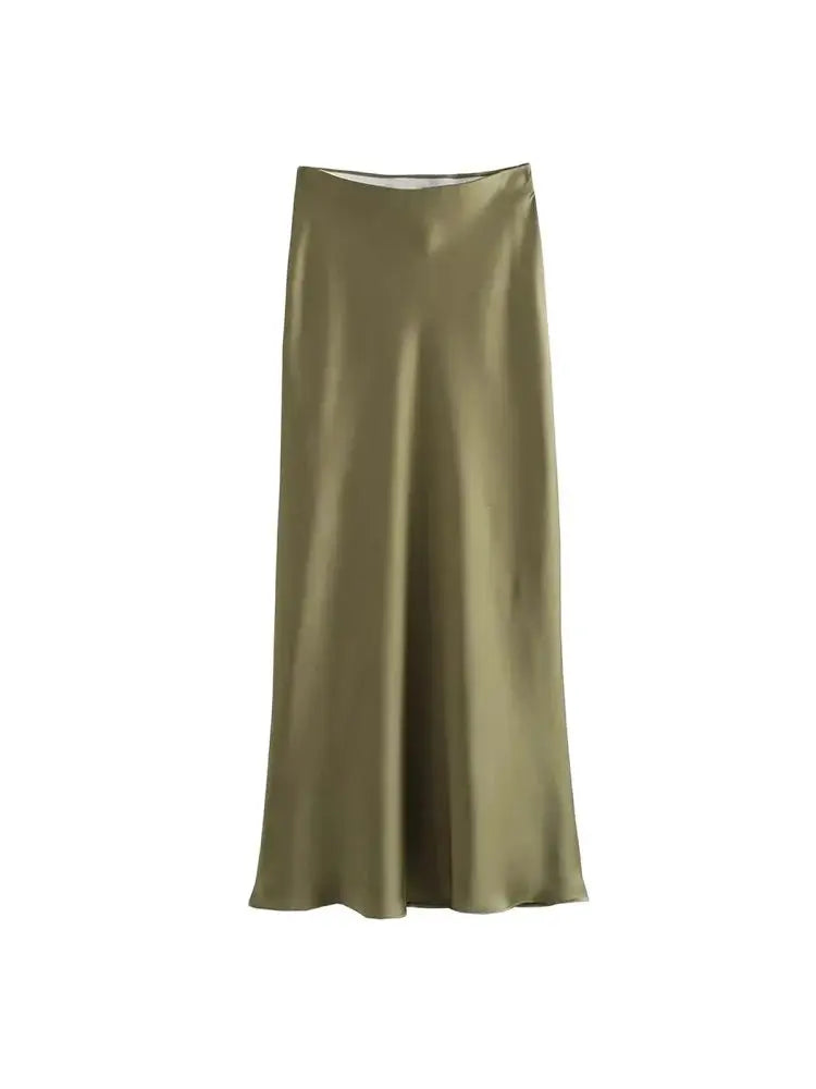 Silk-Like Elastic Waist Midi Skirt