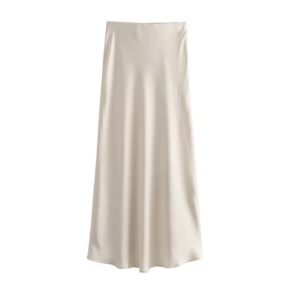 Silk-Like Elastic Waist Midi Skirt