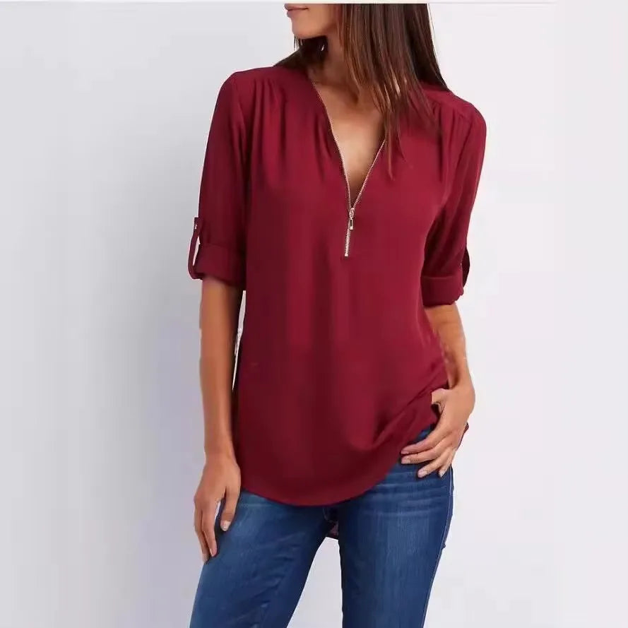 Deep V-Neck Chiffon Blouse