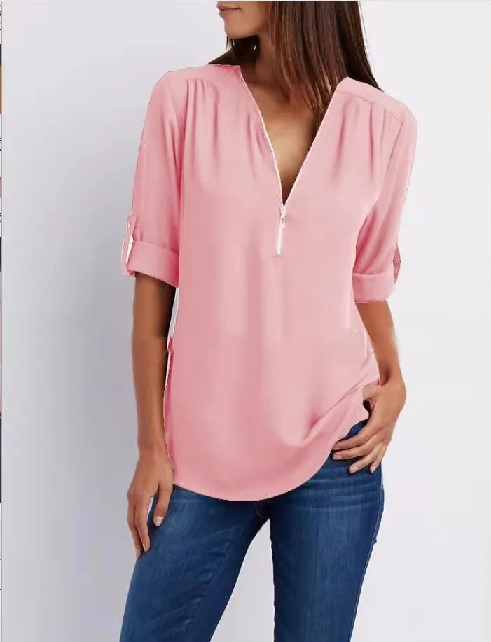Deep V-Neck Chiffon Blouse