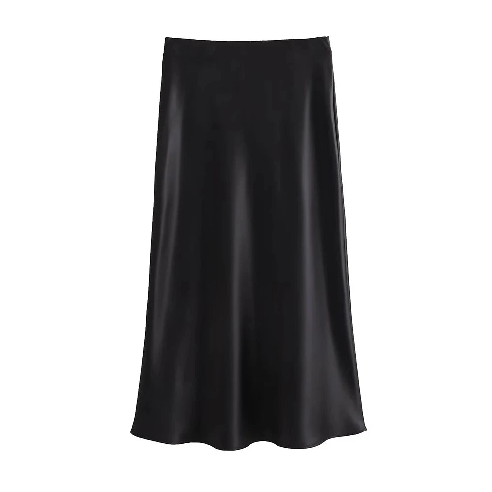 Silk-Like Elastic Waist Midi Skirt